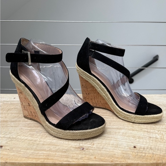 Charles By Charles David Shoes - Charles David Black Espadrille Wedge Sandals Cork Heel Ankle Strap Platform 9